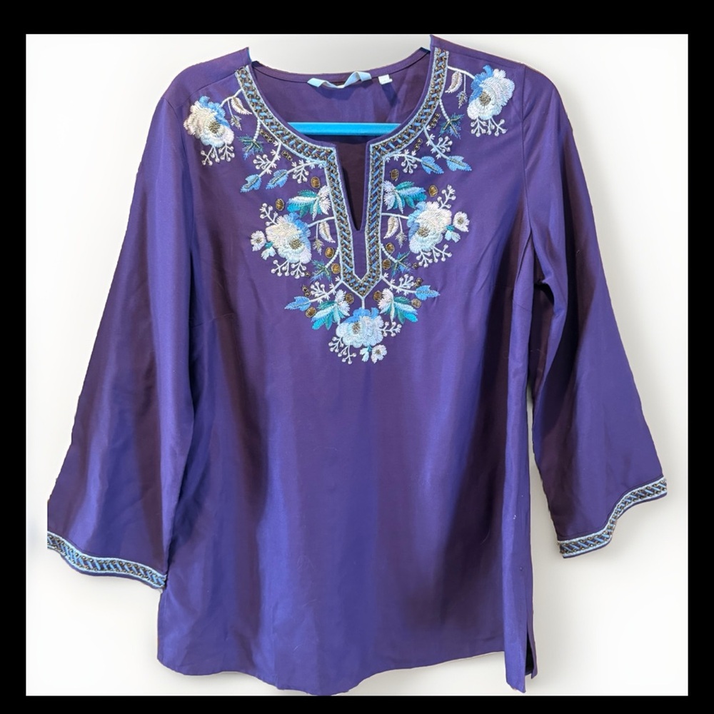 Soft Surroundings Purple Embroidered Tunic with Blue Accents